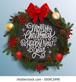 Christmas wreath with decorations and calligraphy greetings . Vector illustration