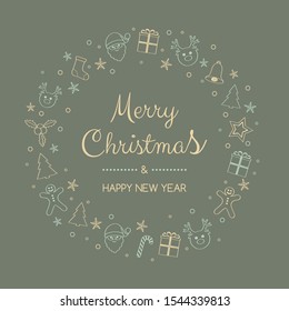 Christmas wreath with decorations and hand drawn elements. Vector.