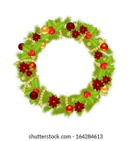 Christmas wreath with christmas decorations isolated on a white background.