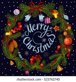 Christmas wreath with decorations. Merry Christmas vector text Calligraphic Lettering design card template. Creative typography for Holiday Greeting Gift Poster. Calligraphy Font style Banner