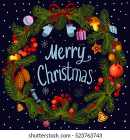 Christmas wreath with decorations. Merry Christmas vector text Calligraphic Lettering design card template. Creative typography for Holiday Greeting Gift Poster. Calligraphy Font style Banner