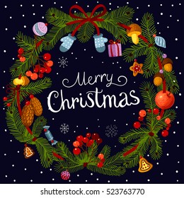 Christmas wreath with decorations. Merry Christmas vector text Calligraphic Lettering design card template. Creative typography for Holiday Greeting Gift Poster. Calligraphy Font style Banner