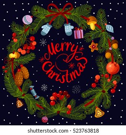 Christmas wreath with decorations. Merry Christmas vector text Calligraphic Lettering design card template. Creative typography for Holiday Greeting Gift Poster. Calligraphy Font style Banner