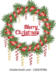 Christmas wreath with decorations on white background, vector illustration