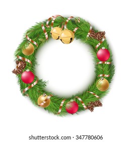 Christmas Wreath with Decorations and Pine Cones on White Background. Vector Illustration