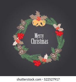 Christmas Wreath with Decorations and Pine Cones on Dark Background