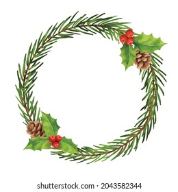 Christmas wreath decorations watercolor style. Holly berry, fir, branch, pine cone, spruce, isolated on white background.