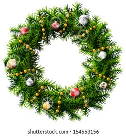 Christmas wreath with decorative beads and balls. Wreath of pine branches isolated on white. Vector image for new year's day, christmas, decoration, winter holiday, design, new year's eve, silvester..