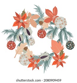 Christmas wreath decorative element with spruce tree  and flowers  for greeting cards, flat vector illustration isolated on white background. Xmas and New Year decor with Poinsettia flower and fir.