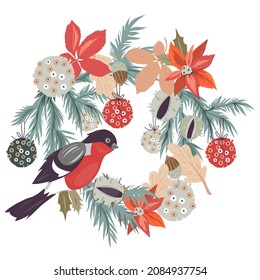 Christmas wreath decorative element with spruce tree and bullfinch, flat vector illustration isolated on white background. Xmas and New Year decor element with Poinsettia flower and bird.