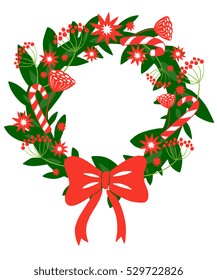 Christmas wreath with decorative elements - hand drawn vector illustration, perfect for frame, emblem, banner. Cute colorful circle decorative design for Holiday season and New year. 