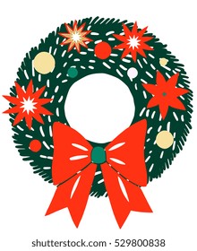 Christmas wreath with decorative elements - hand drawn vector illustration, perfect for frame, emblem, banner. Cute colorful circle decorative design for Holiday season and New year. 