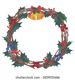 Christmas Wreath. Decorative frame of holly, ribbon and bells. Watercolor illustration. Natural, rustic style. (square)