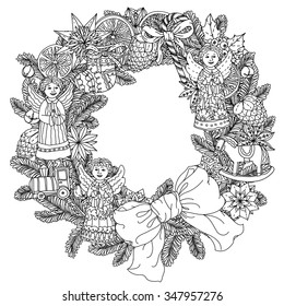 Christmas wreath with decorative items, Black and white . Zentangle patters.  The best for your design, textiles, posters, coloring book