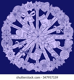 Christmas wreath with decorative items, hand-drawing 