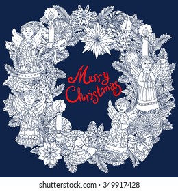 Christmas wreath with decorative items, hand-drawing includes text Merry Christmas 