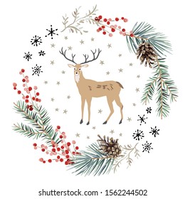 Christmas wreath with deer animal, white background. Green pine, fir twigs, cones, red berries, snowflakes. Vector illustration. Nature design. Greeting card, poster template. Winter Xmas holidays