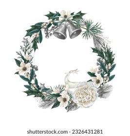 Christmas wreath with deers and white flowers. Vector