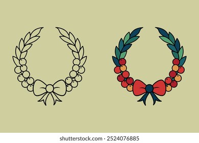 Christmas Wreath Design with Bow and Berries for Coloring Book