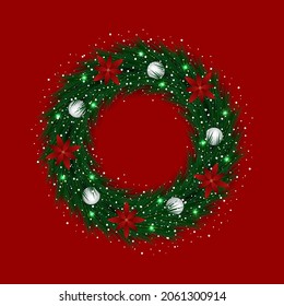 Christmas wreath design deep green leaf with snow  balls and flowers red background