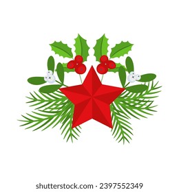 Christmas wreath design element with red star. Spruce evergreen branch, poinsettia and holly berry. Winter holiday decoration for greeting cards. Flat cartoon vector icon.