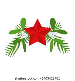 Christmas wreath design element with red star. Spruce evergreen branch, poinsettia and holly berry. Winter holiday decoration for greeting cards. Flat cartoon vector icon.