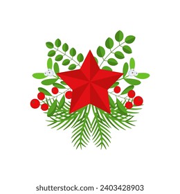Christmas wreath design element with red star. Spruce evergreen branch, poinsettia and holly berry. Winter holiday decoration for greeting cards. Flat cartoon vector icon.