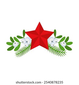 Elemento de design de coroa de Natal com estrela vermelha. Spruce ramo evergreen, poinsettia e holly berry. Decoração de férias de inverno para cartões de felicitações. Ícone de vetor de desenho animado plano.