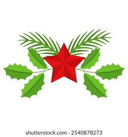 Christmas wreath design element with red star. Spruce evergreen branch, poinsettia and holly berry. Winter holiday decoration for greeting cards. Flat cartoon vector icon.