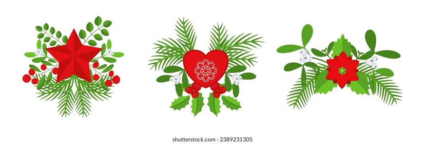 Christmas wreath design element set. Spruce evergreen branch, poinsettia and holly berry. Red bows, gift boxes and striped ribbons. Winter holiday decoration. Flat cartoon vector icon.