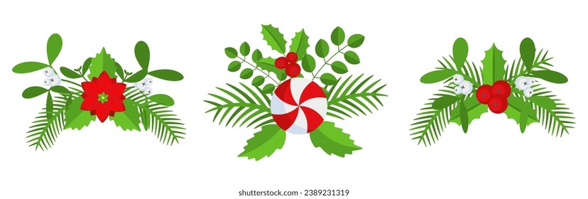 Christmas wreath design element set. Spruce evergreen branch, poinsettia and holly berry. Red bows, gift boxes and striped ribbons. Winter holiday decoration. Flat cartoon vector icon.