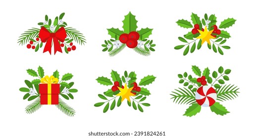Christmas wreath design element set. Spruce evergreen branch, poinsettia and holly berry. Red bows, gift boxes and striped ribbons. Winter holiday decoration. Flat cartoon vector icon.