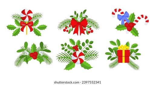 Christmas wreath design element set. Spruce evergreen branch, poinsettia and holly berry. Red bows, gift boxes and striped ribbons. Winter holiday decoration. Flat cartoon vector icon.