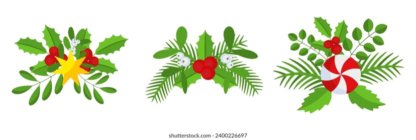 Christmas wreath design element set. Spruce evergreen branch, poinsettia and holly berry. Red bows, gift boxes and striped ribbons. Winter holiday decoration. Flat cartoon vector icon.