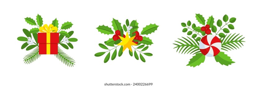 Christmas wreath design element set. Spruce evergreen branch, poinsettia and holly berry. Red bows, gift boxes and striped ribbons. Winter holiday decoration. Flat cartoon vector icon.