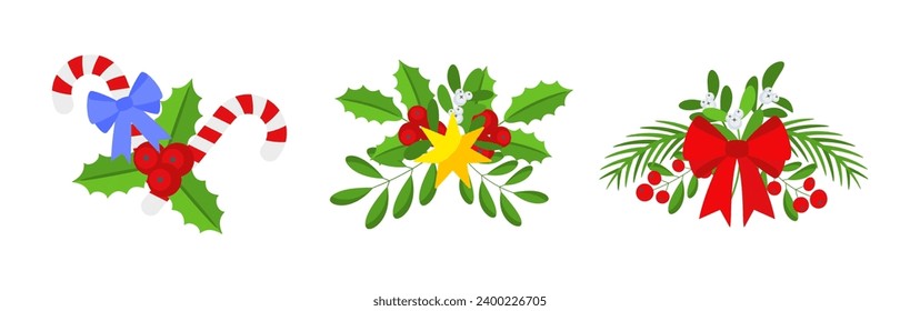 Christmas wreath design element set. Spruce evergreen branch, poinsettia and holly berry. Red bows, gift boxes and striped ribbons. Winter holiday decoration. Flat cartoon vector icon.