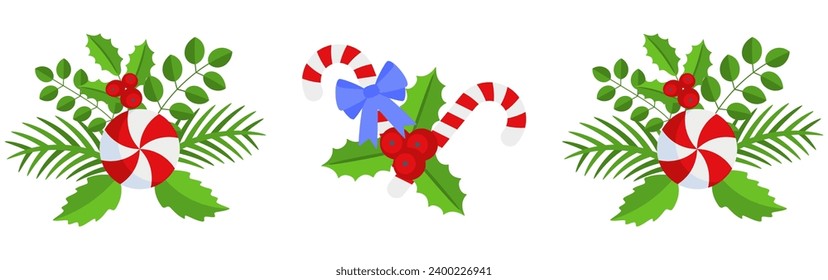 conjunto de elementos de diseño de corona de Navidad. Spruce rama evergreen, poinsettia y berry holly. Arcos rojos, cajas de regalo y cintas a rayas. Decoración de vacaciones de invierno. Icono de vector de dibujos animados planos.