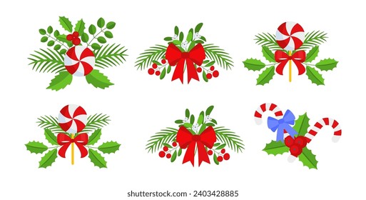 Christmas wreath design element set. Spruce evergreen branch, poinsettia and holly berry. Red bows, gift boxes and striped ribbons. Winter holiday decoration. Flat cartoon vector icon.