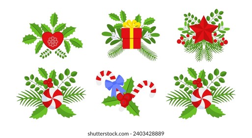 Christmas wreath design element set. Spruce evergreen branch, poinsettia and holly berry. Red bows, gift boxes and striped ribbons. Winter holiday decoration. Flat cartoon vector icon.
