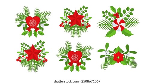 Christmas wreath design element set. Spruce evergreen branch, poinsettia and holly berry. Red bows, gift boxes and striped ribbons. Winter holiday decoration. Flat cartoon vector icon.