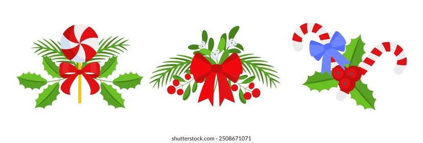Christmas wreath design element set. Spruce evergreen branch, poinsettia and holly berry. Red bows, gift boxes and striped ribbons. Winter holiday decoration. Flat cartoon vector icon.