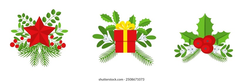 Christmas wreath design element set. Spruce evergreen branch, poinsettia and holly berry. Red bows, gift boxes and striped ribbons. Winter holiday decoration. Flat cartoon vector icon.