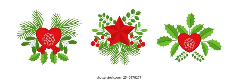 Christmas wreath design element set. Spruce evergreen branch, poinsettia and holly berry. Red bows, gift boxes and striped ribbons. Winter holiday decoration. Flat cartoon vector icon.