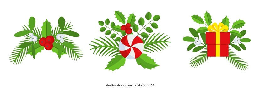 Christmas wreath design element set. Spruce evergreen branch, poinsettia and holly berry. Red bows, gift boxes and striped ribbons. Winter holiday decoration. Flat cartoon vector icon.