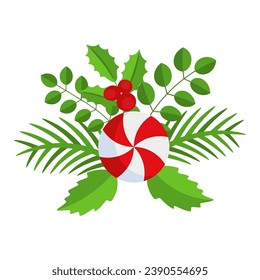 Christmas wreath design element. Spruce evergreen branch, poinsettia. Holly berry and lollipop. Winter holiday decoration for greeting cards. Flat cartoon vector icon.
