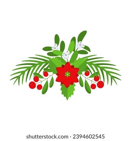Christmas wreath design element. Spruce evergreen branch, poinsettia and holly berry. Winter holiday decoration for greeting cards. Flat cartoon vector icon.