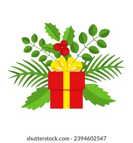 Christmas wreath design element. Spruce evergreen branch, poinsettia and holly berry. Gift box. Winter holiday decoration for greeting cards. Flat cartoon vector icon.