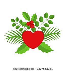 Christmas wreath design element. Spruce evergreen branch, poinsettia and holly berry. Red bows, gift boxes and heart. Winter holiday decoration for greeting cards. Flat cartoon vector icon.