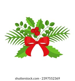 Christmas wreath design element. Spruce evergreen branch, poinsettia, holly berry. Red bows, gift boxes and candy. Winter holiday decoration for greeting cards. Flat cartoon vector icon.