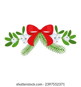 elemento de diseño de corona de Navidad. Spruce rama evergreen, poinsettia, berry holly. Arcos rojos, cajas de regalo y dulces. Decoración de vacaciones de invierno para tarjetas de felicitación. Icono de vector de dibujos animados planos.